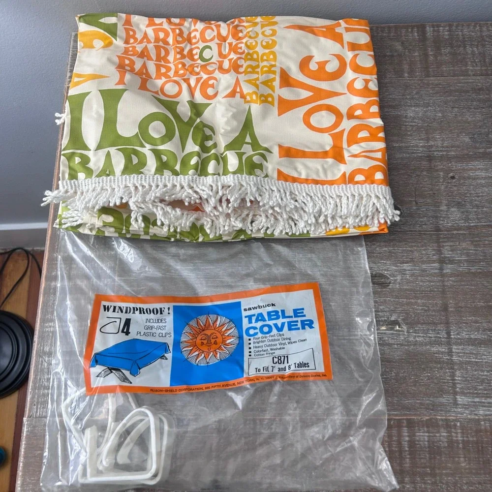 Vintage MCM I love BBQ Orange Yellow Green Vinyl Tablecloth 52x70